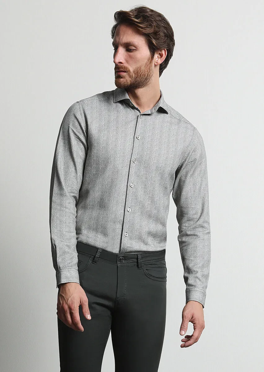 Khaki Printed Slim Fit Weaving Casual 100% Cotton Shirt - 3