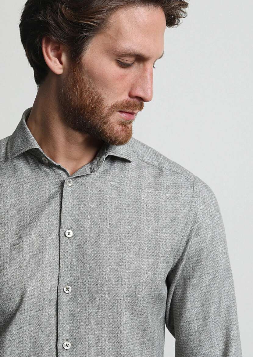 Khaki Printed Slim Fit Weaving Casual 100% Cotton Shirt - 4