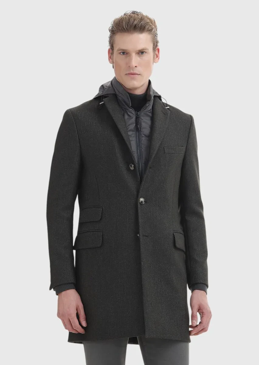 Khaki Regular Fit Butterfly Collar Casual Weaving Overcoat - 3