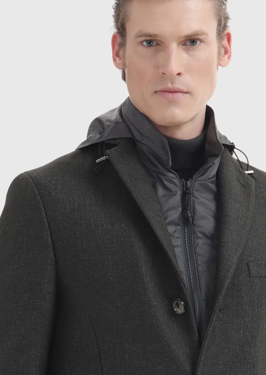 Khaki Regular Fit Butterfly Collar Casual Weaving Overcoat - 4