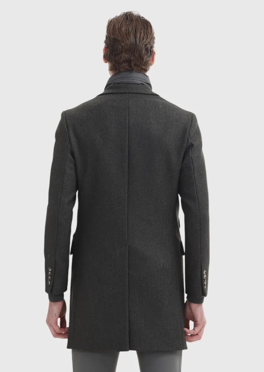 Khaki Regular Fit Butterfly Collar Casual Weaving Overcoat - 6