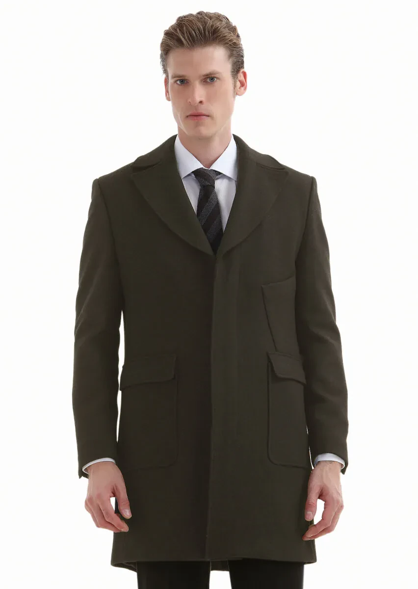 Khaki Regular Fit Double Breasted Collar Casual Weaving Overcoat - 2