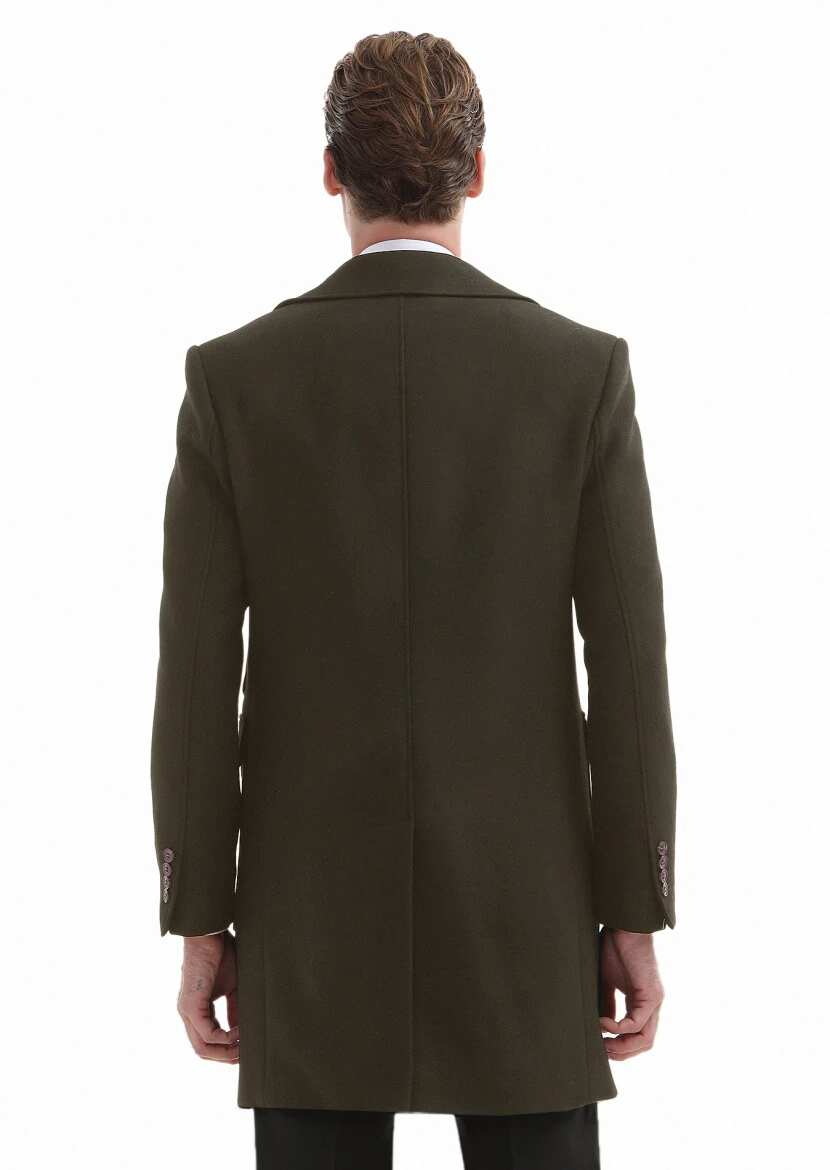 Khaki Regular Fit Double Breasted Collar Casual Weaving Overcoat - 5