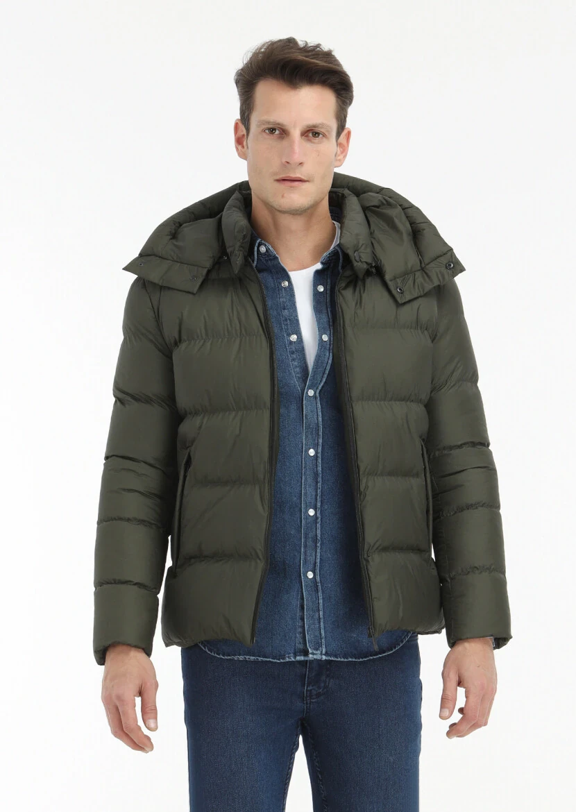 Khaki Regular Fit Hooded Casual Weaving Coat 