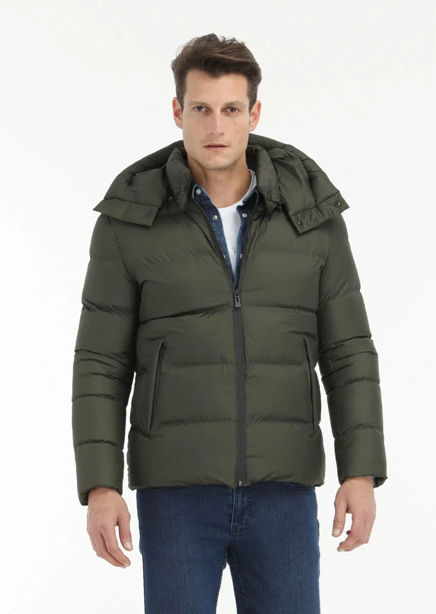 Khaki Regular Fit Hooded Casual Weaving Coat - 3