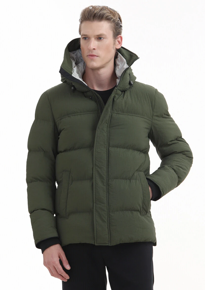 Khaki Regular Fit Hooded Casual Weaving Coat - 3