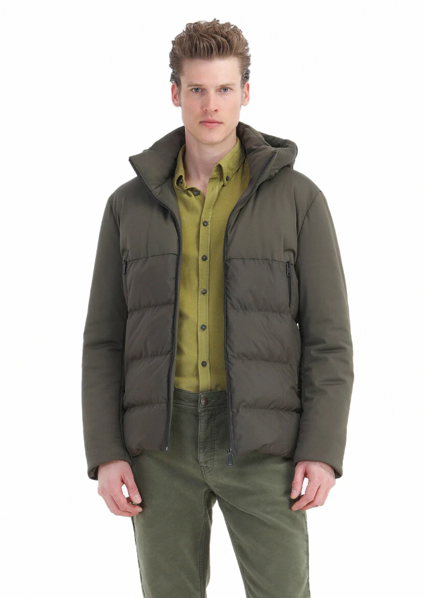 Khaki Regular Fit Hooded Casual Weaving Coat - 3