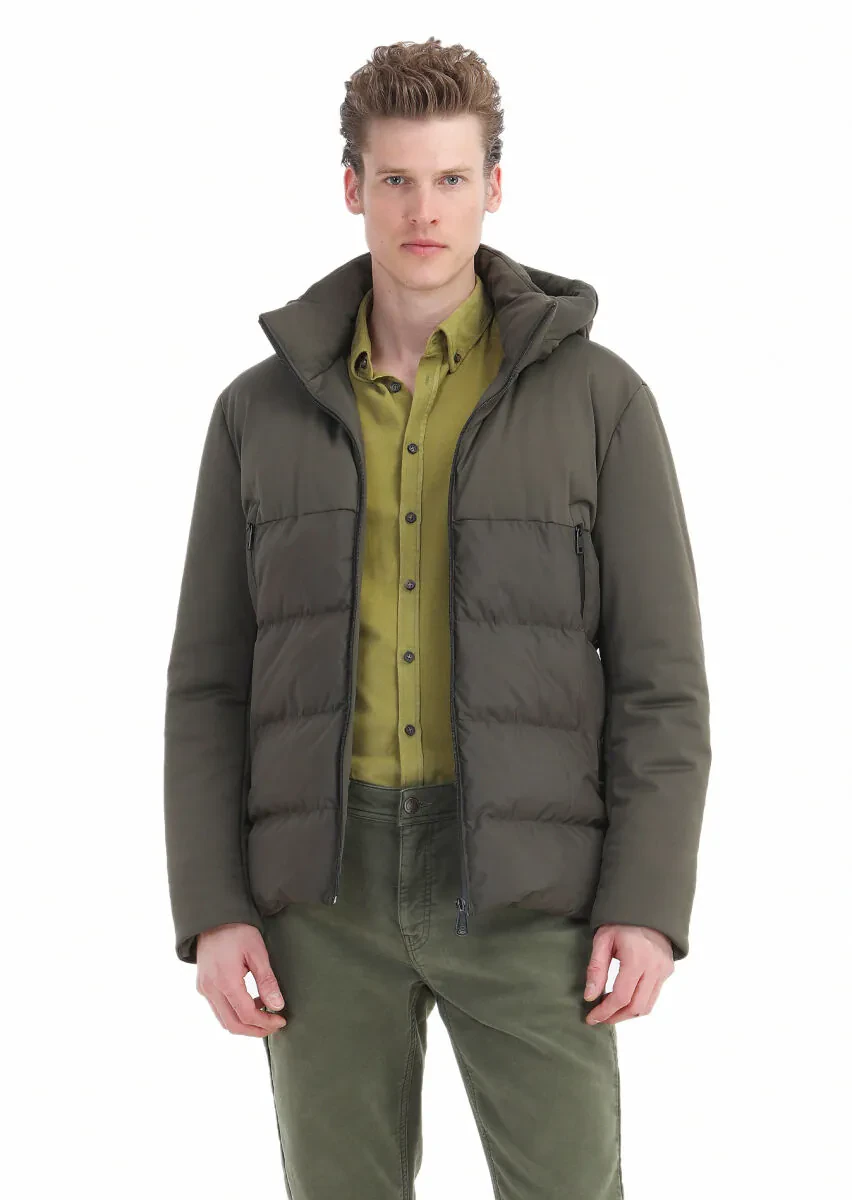 Khaki Regular Fit Hooded Casual Weaving Coat - 3