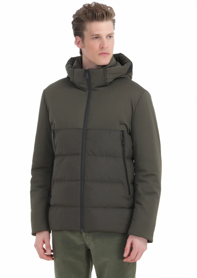 Khaki Regular Fit Hooded Casual Weaving Coat - 4