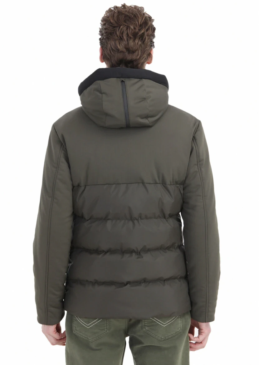 Khaki Regular Fit Hooded Casual Weaving Coat - 7