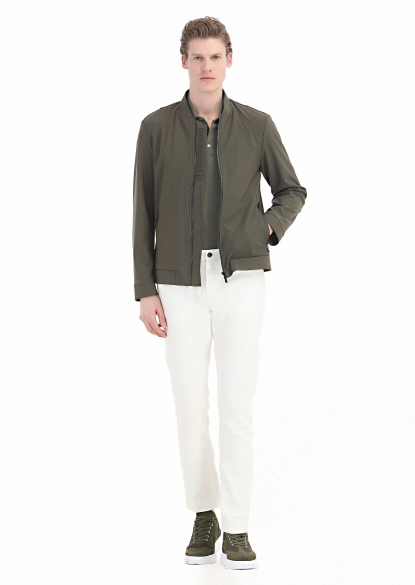 Khaki Regular Fit Mandarin Collar Casual Weaving Coat - 1