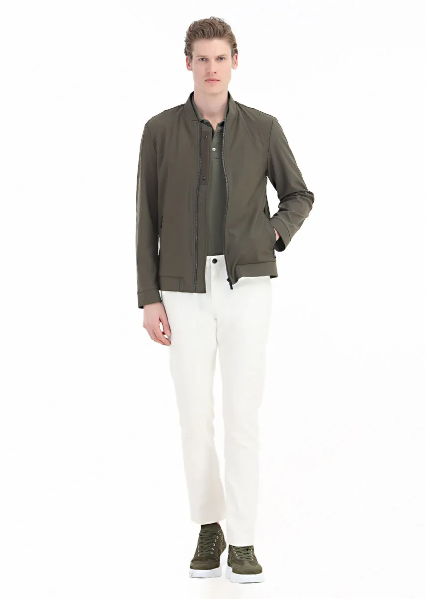 Khaki Regular Fit Mandarin Collar Casual Weaving Coat - 1