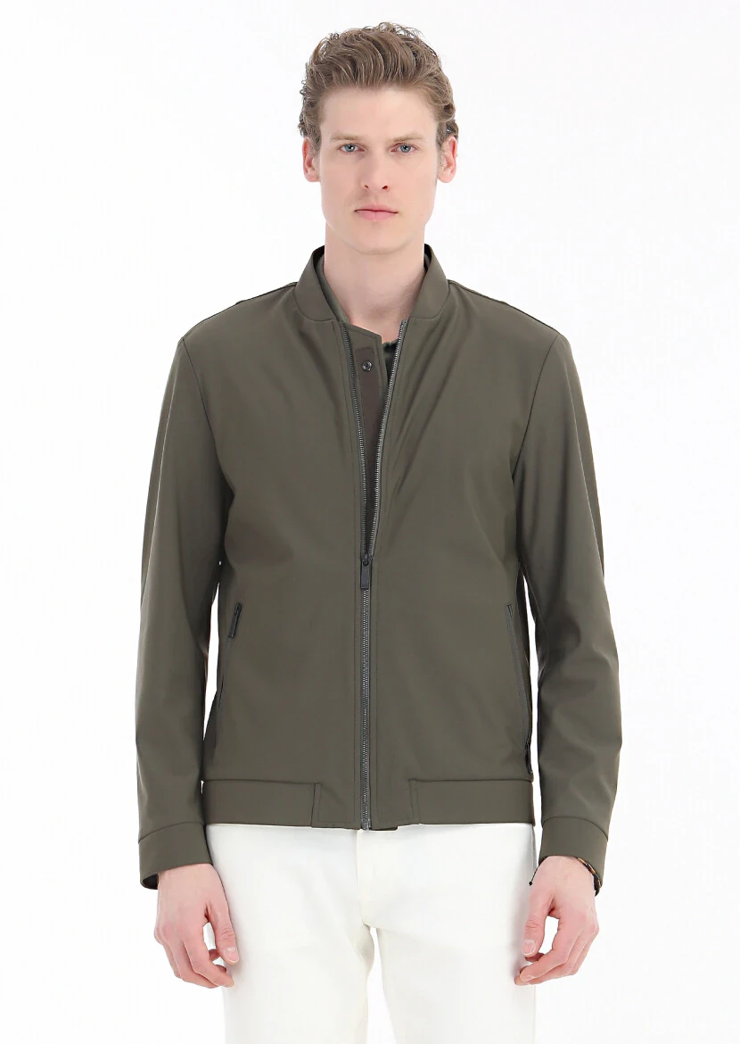 Khaki Regular Fit Mandarin Collar Casual Weaving Coat 