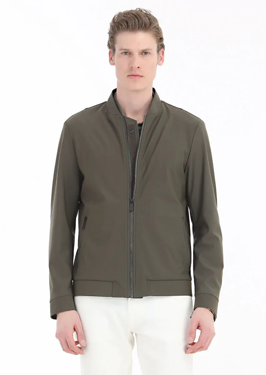 Khaki Regular Fit Mandarin Collar Casual Weaving Coat - 2