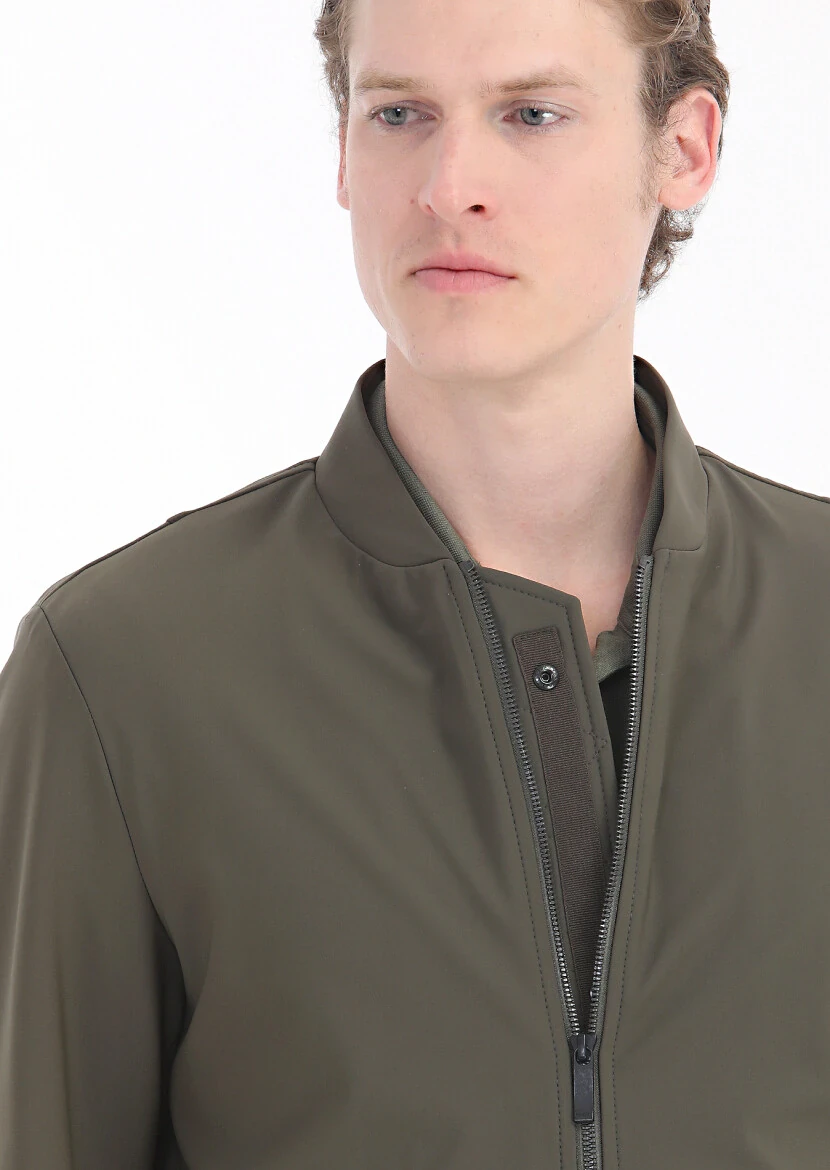 Khaki Regular Fit Mandarin Collar Casual Weaving Coat - 4