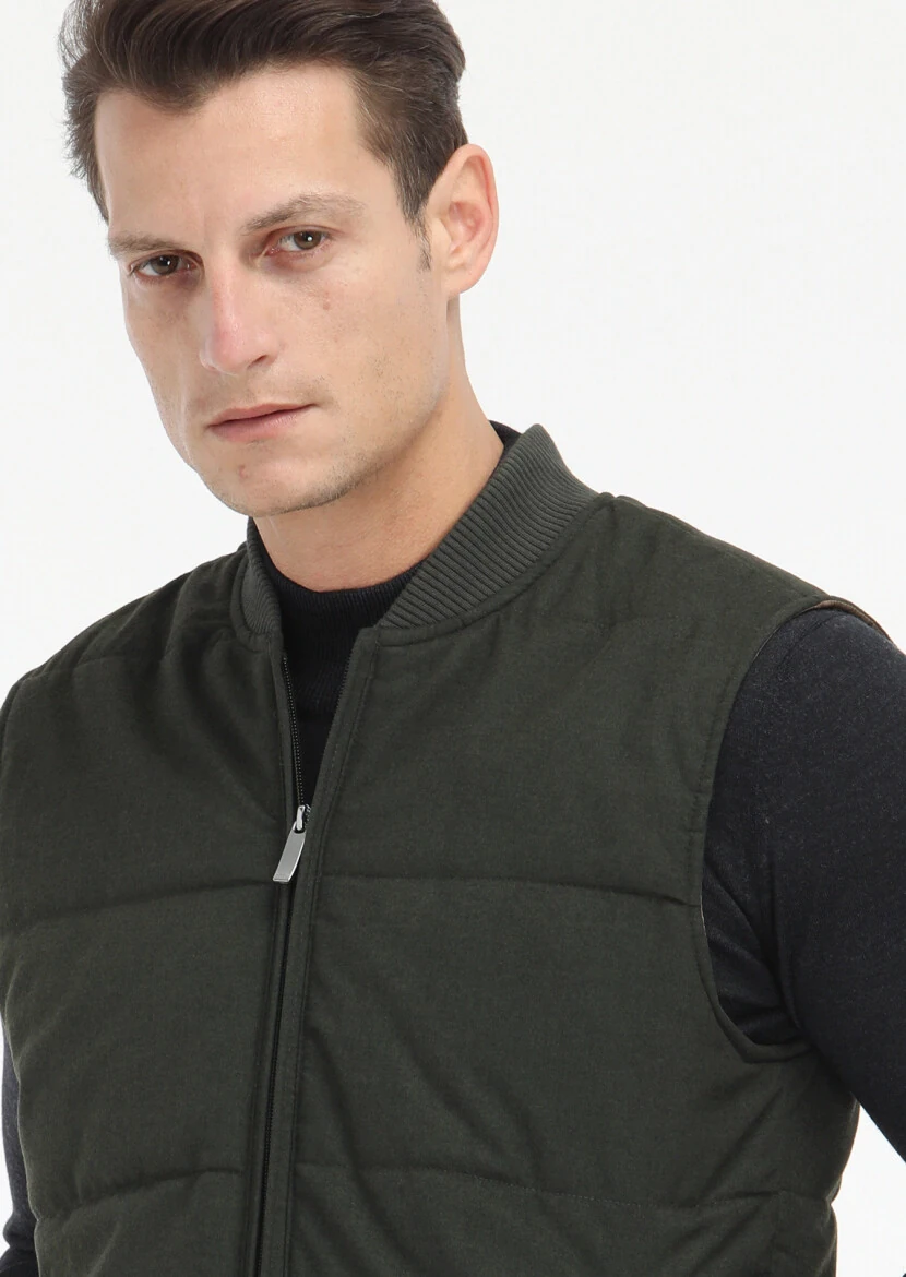 Khaki Regular Fit Mandarin Collar Casual Weaving Puffer Vest - 3