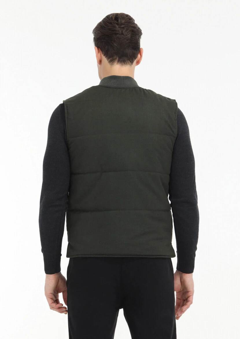 Khaki Regular Fit Mandarin Collar Casual Weaving Puffer Vest - 5