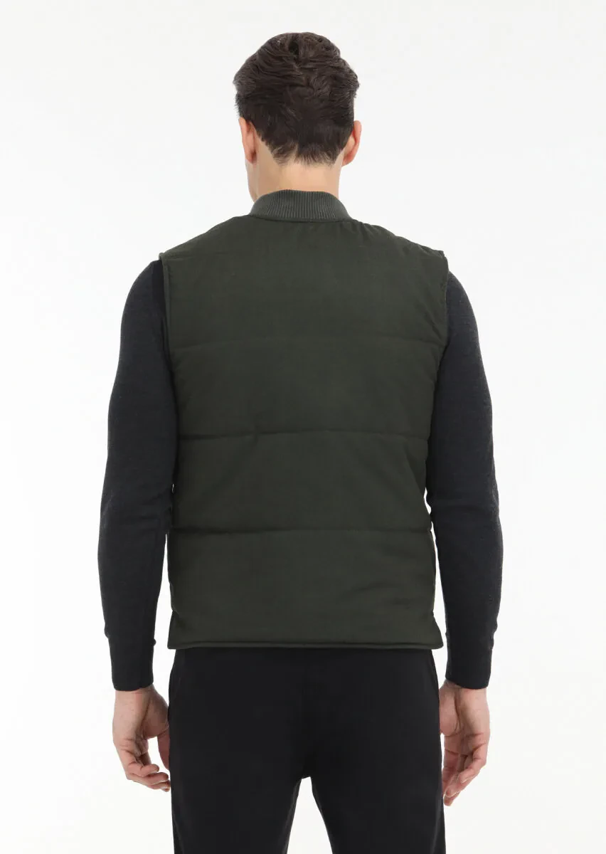 Khaki Regular Fit Mandarin Collar Casual Weaving Puffer Vest - 5