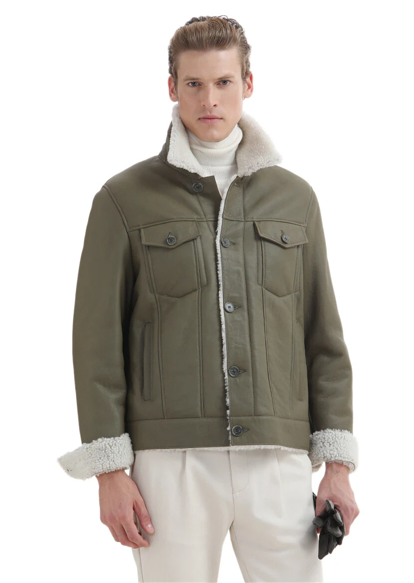 Khaki Regular Fit Shirt Collar Casual Fur Leather Coat - RAMSEY