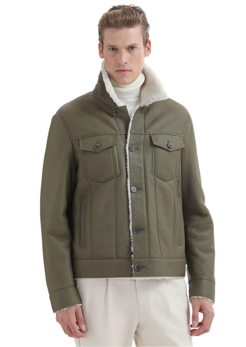 Khaki Regular Fit Shirt Collar Casual Fur Leather Coat - 4