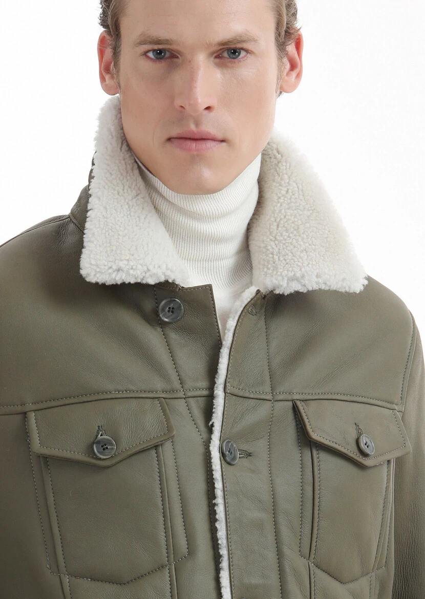 Khaki Regular Fit Shirt Collar Casual Fur Leather Coat - 5