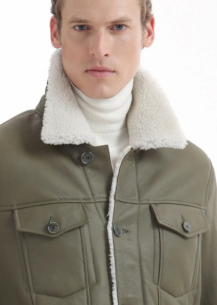 Khaki Regular Fit Shirt Collar Casual Fur Leather Coat - 5