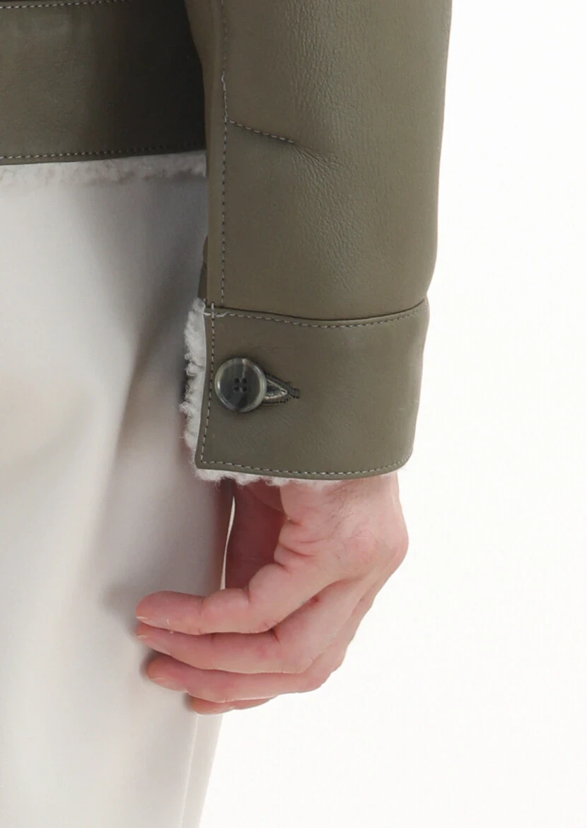 Khaki Regular Fit Shirt Collar Casual Fur Leather Coat - 6