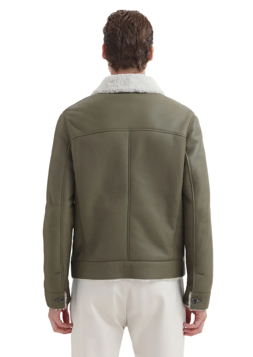 Khaki Regular Fit Shirt Collar Casual Fur Leather Coat - 7