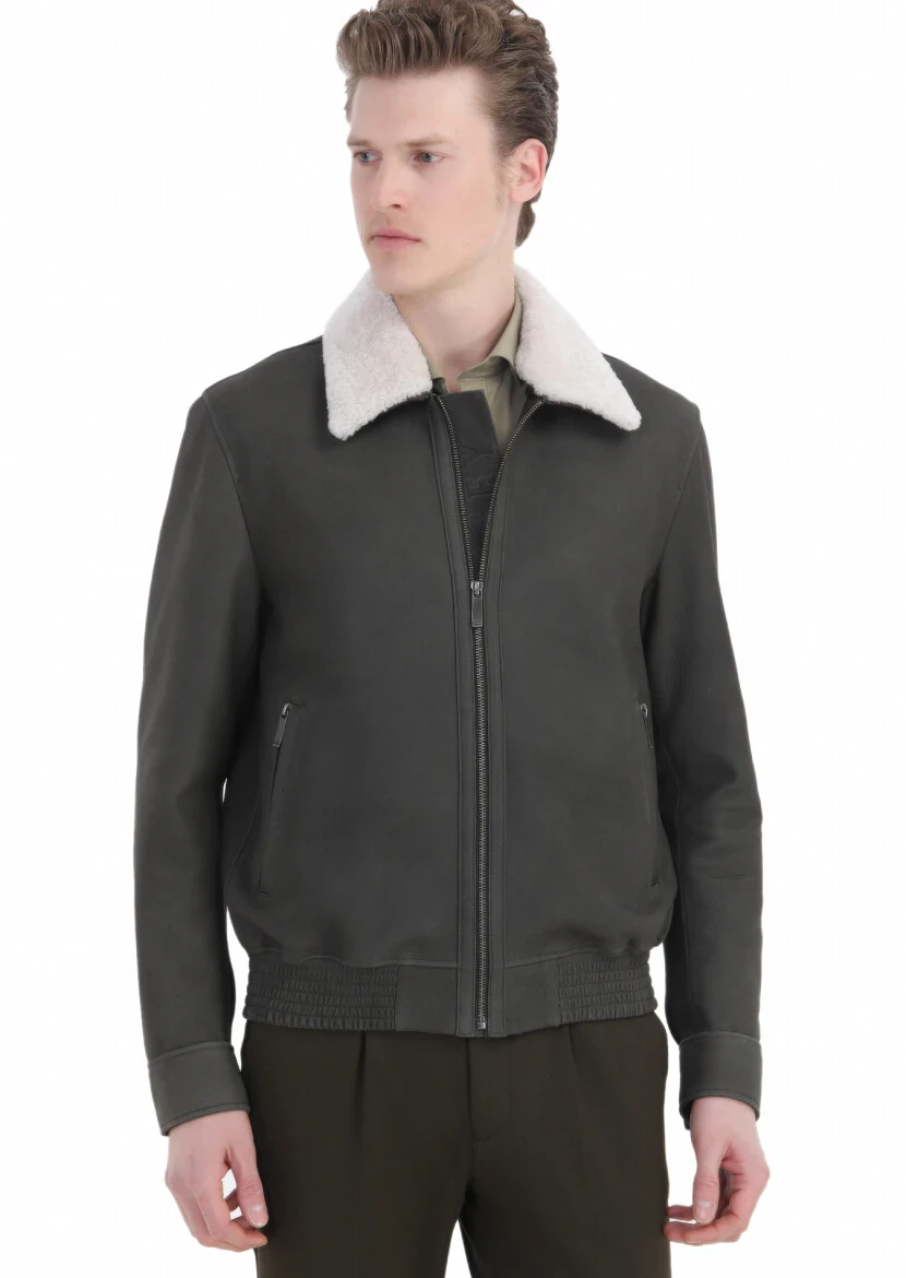 Khaki Regular Fit Shirt Collar Casual Suede Leather Coat - 4