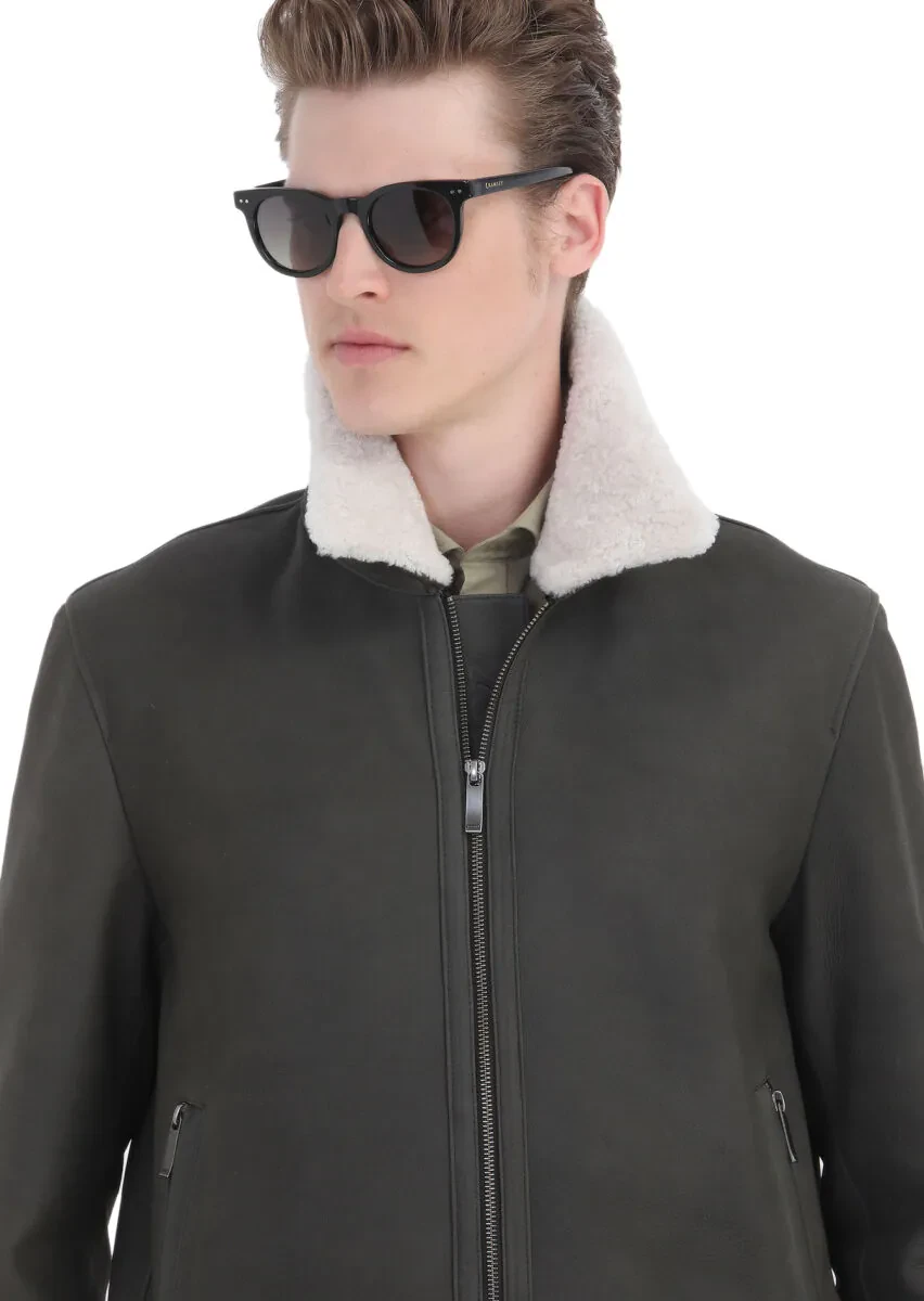 Khaki Regular Fit Shirt Collar Casual Suede Leather Coat - 5