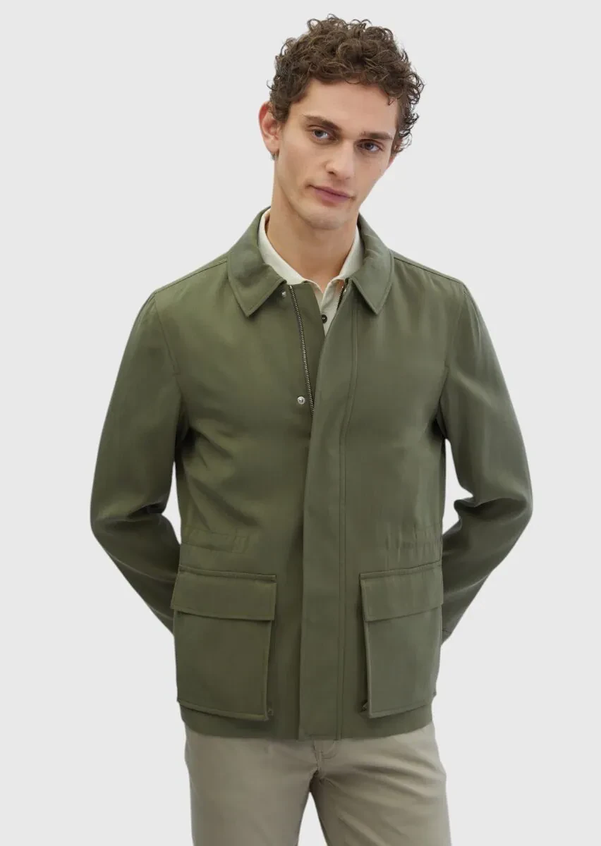 Khaki Regular Fit Shirt Collar Casual Weaving Coat - 1