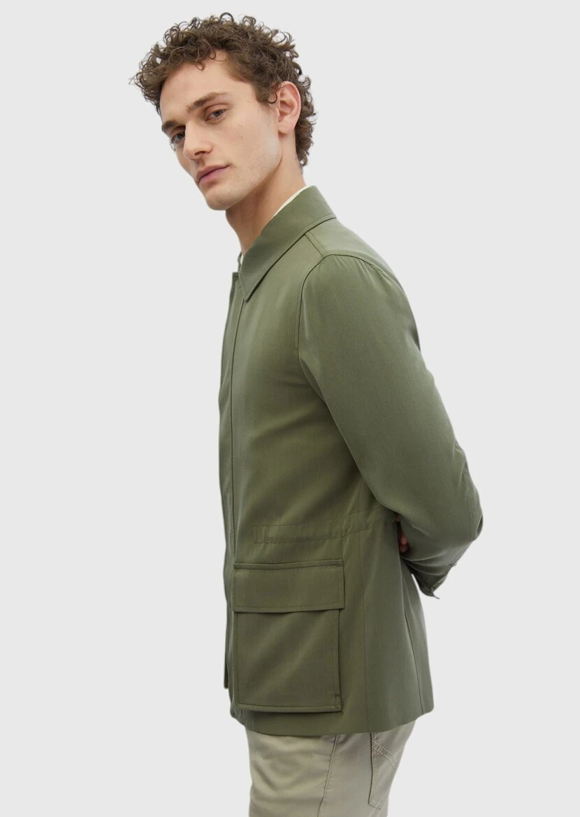 Khaki Regular Fit Shirt Collar Casual Weaving Coat - 5