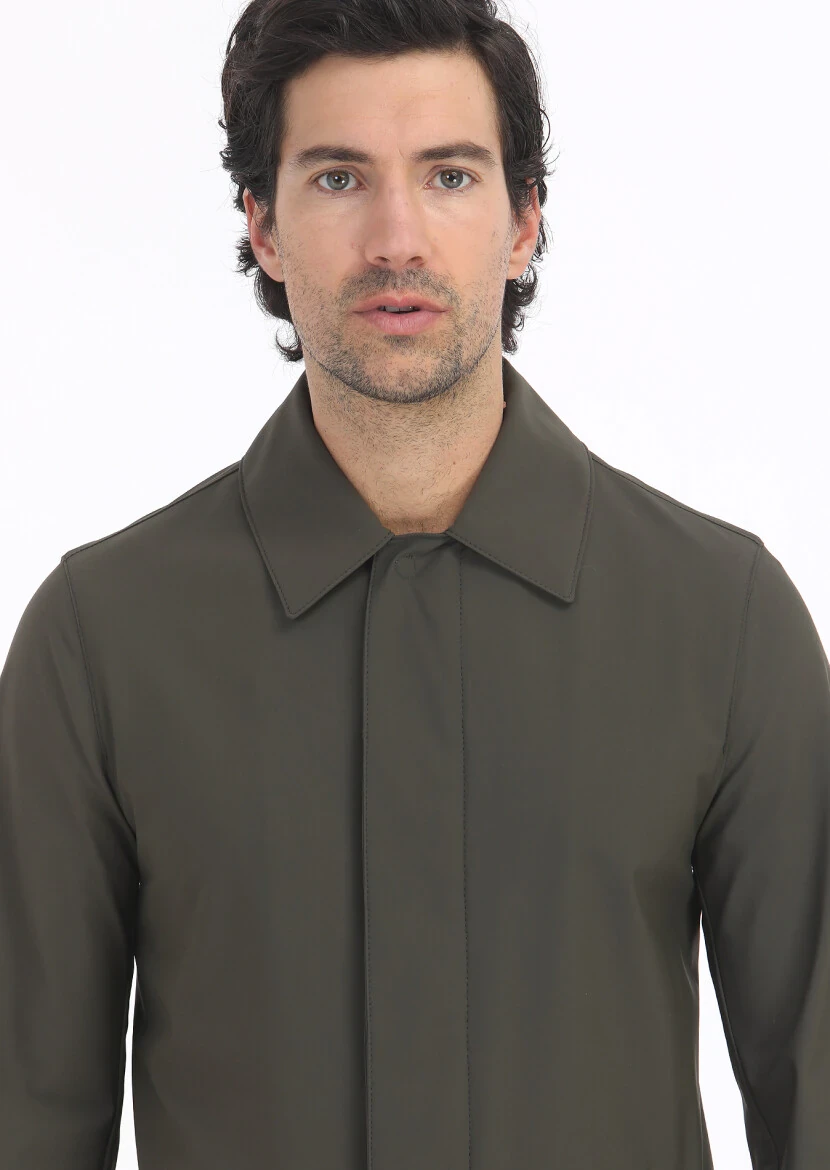 Khaki Regular Fit Shirt Collar Casual Weaving Rain Coat - 4