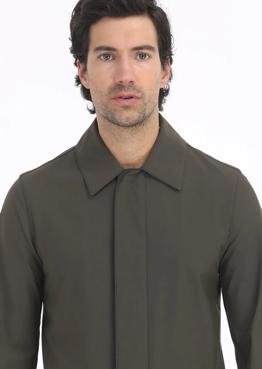 Khaki Regular Fit Shirt Collar Casual Weaving Rain Coat - 4