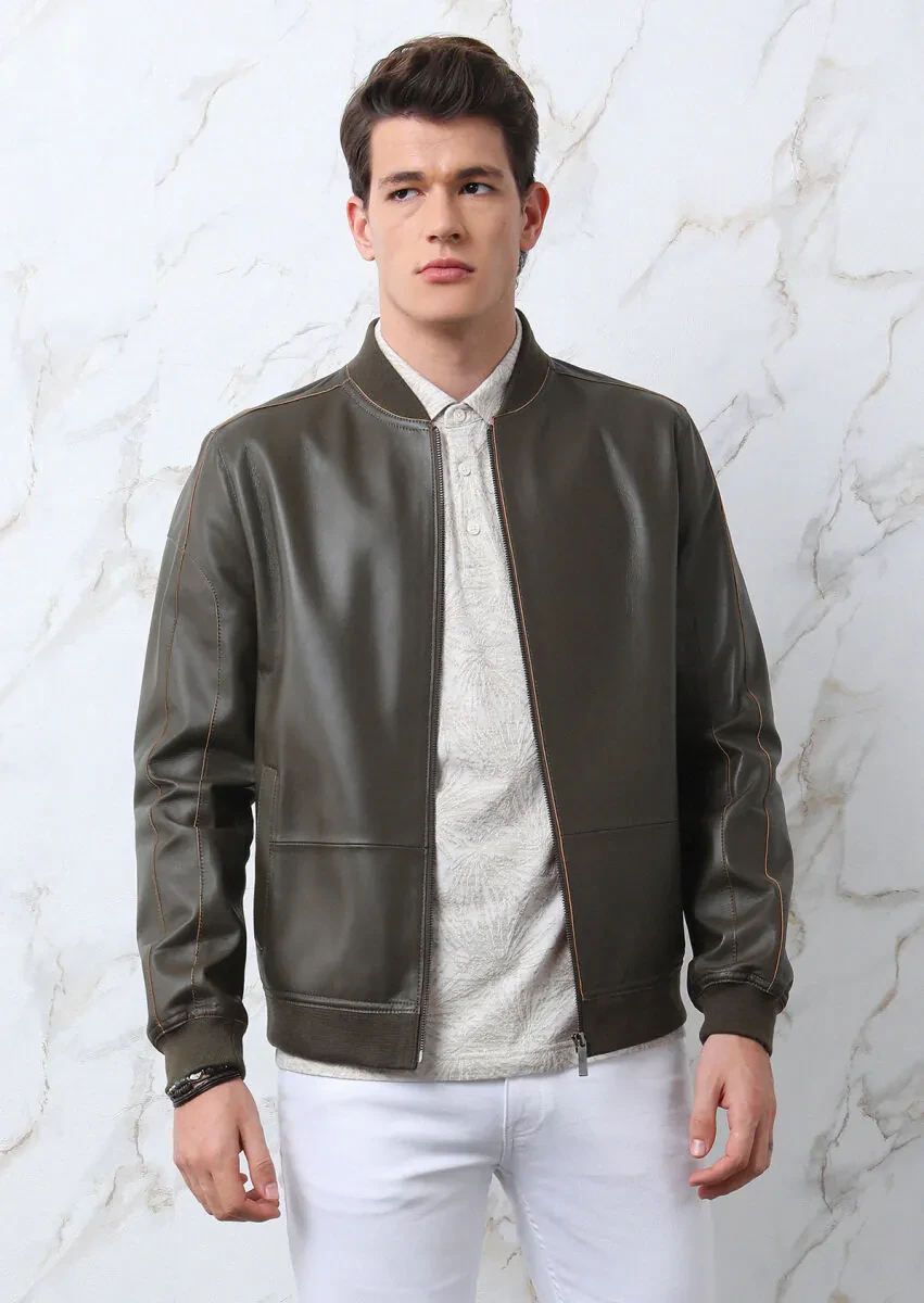 Khaki Regular Fit Turtleneck Casual Leather Leather Coat - 1