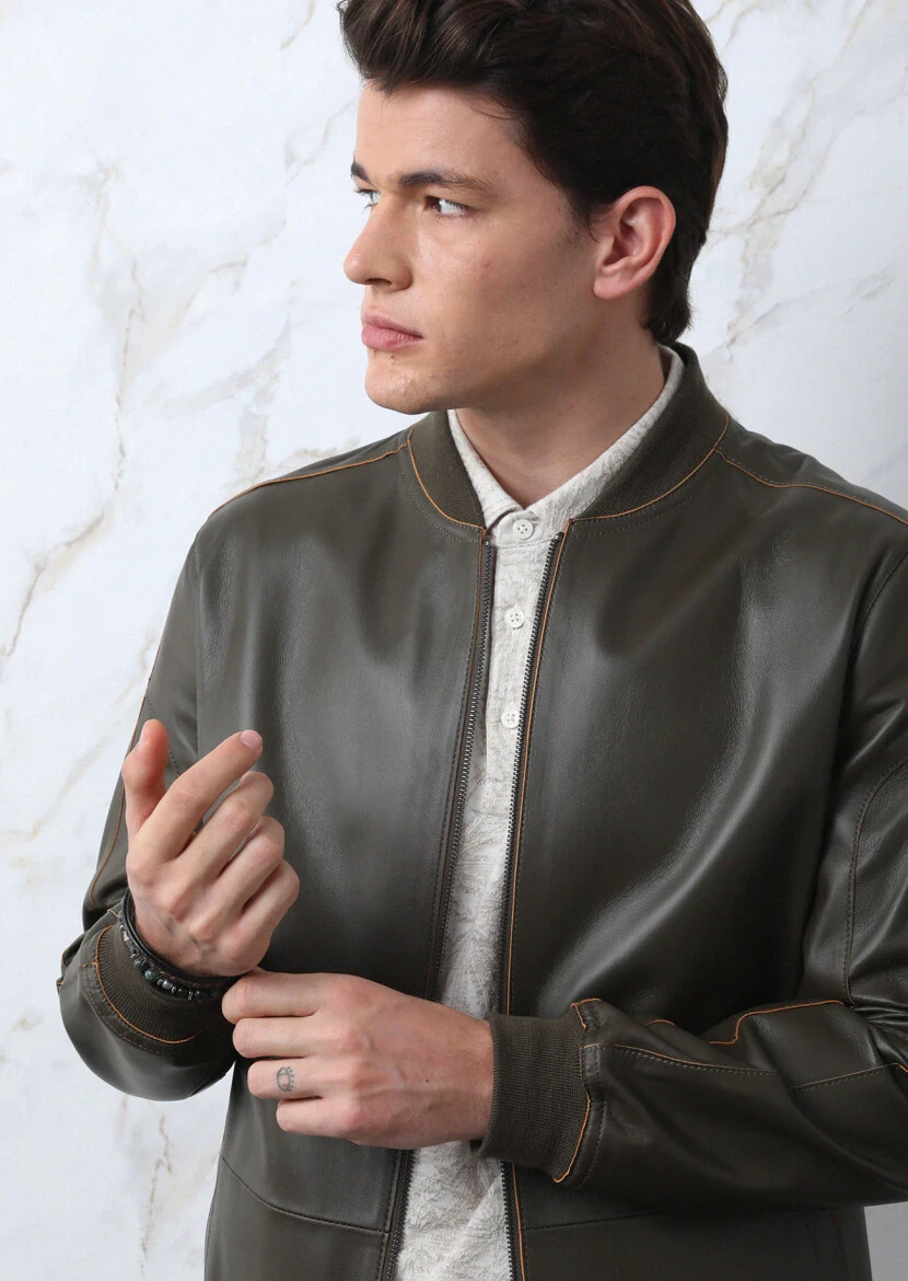 Khaki Regular Fit Turtleneck Casual Leather Leather Coat - 2