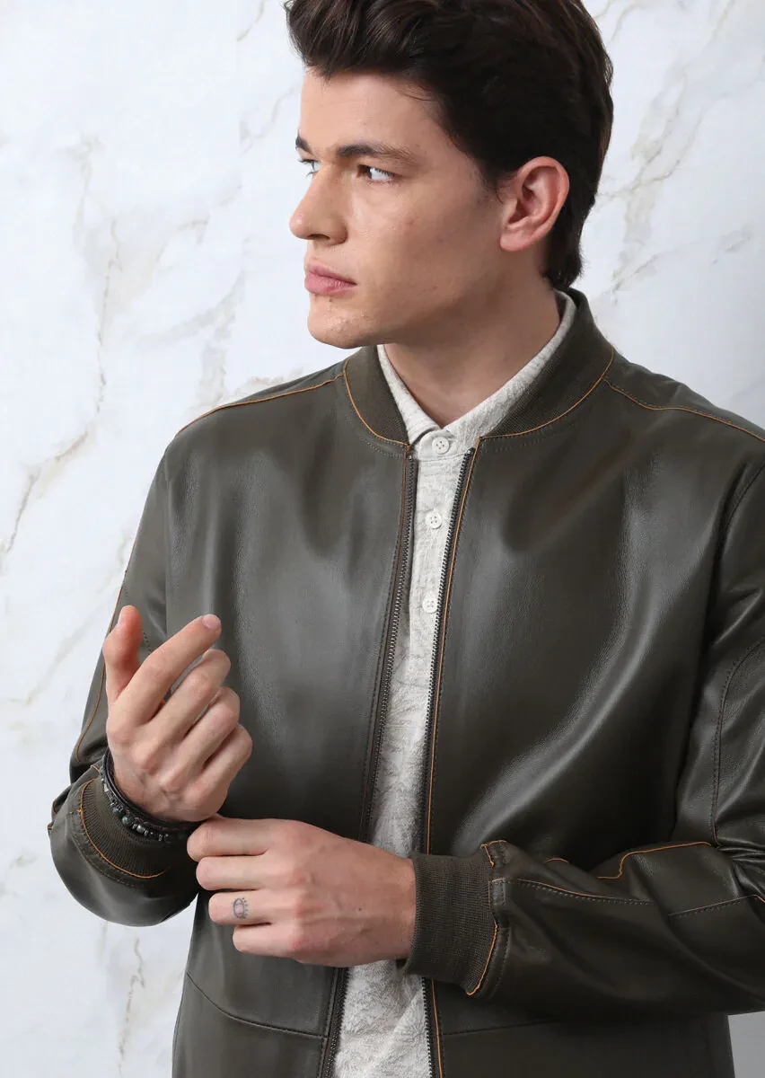 Khaki Regular Fit Turtleneck Casual Leather Leather Coat - 2