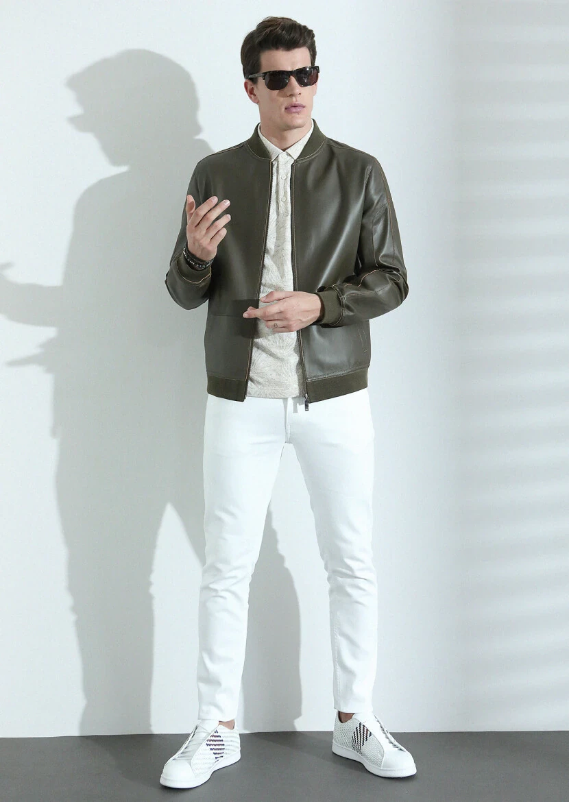 Khaki Regular Fit Turtleneck Casual Leather Leather Coat - 3