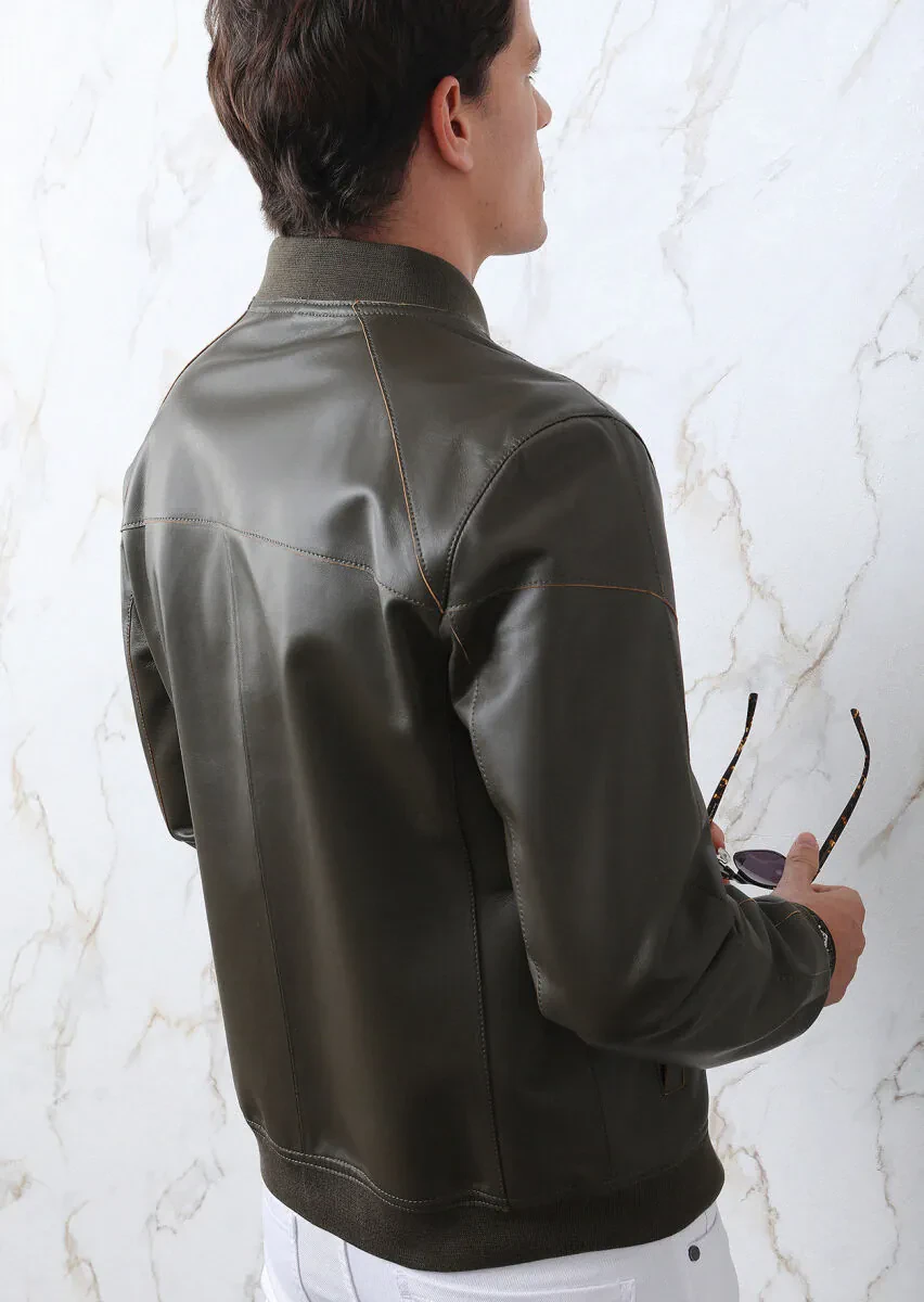 Khaki Regular Fit Turtleneck Casual Leather Leather Coat - 5