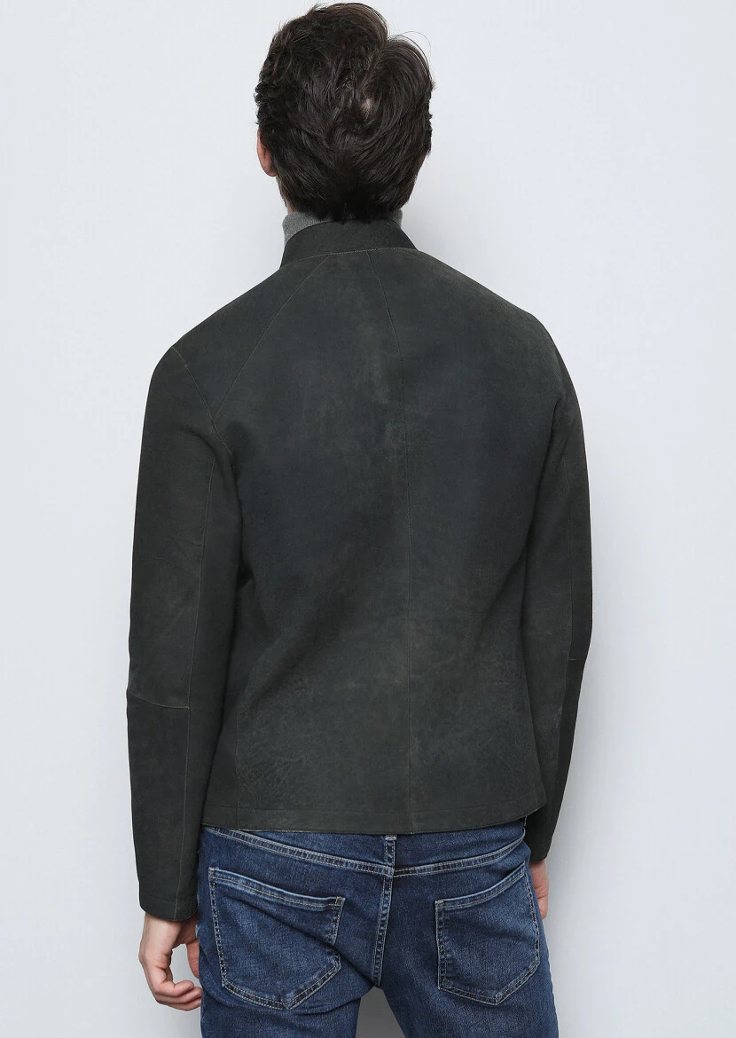 Khaki Regular Fit Turtleneck Casual Leather Leather Coat - 6