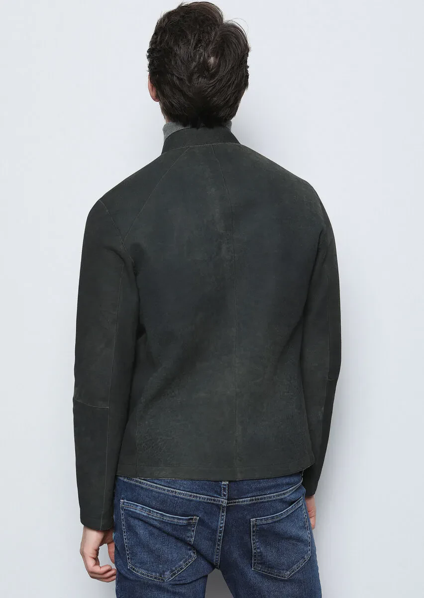 Khaki Regular Fit Turtleneck Casual Leather Leather Coat - 6