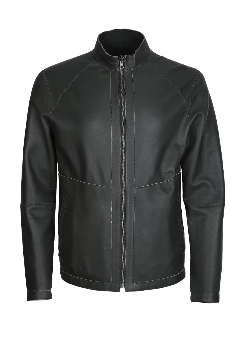 Khaki Regular Fit Turtleneck Casual Leather Leather Coat - 8