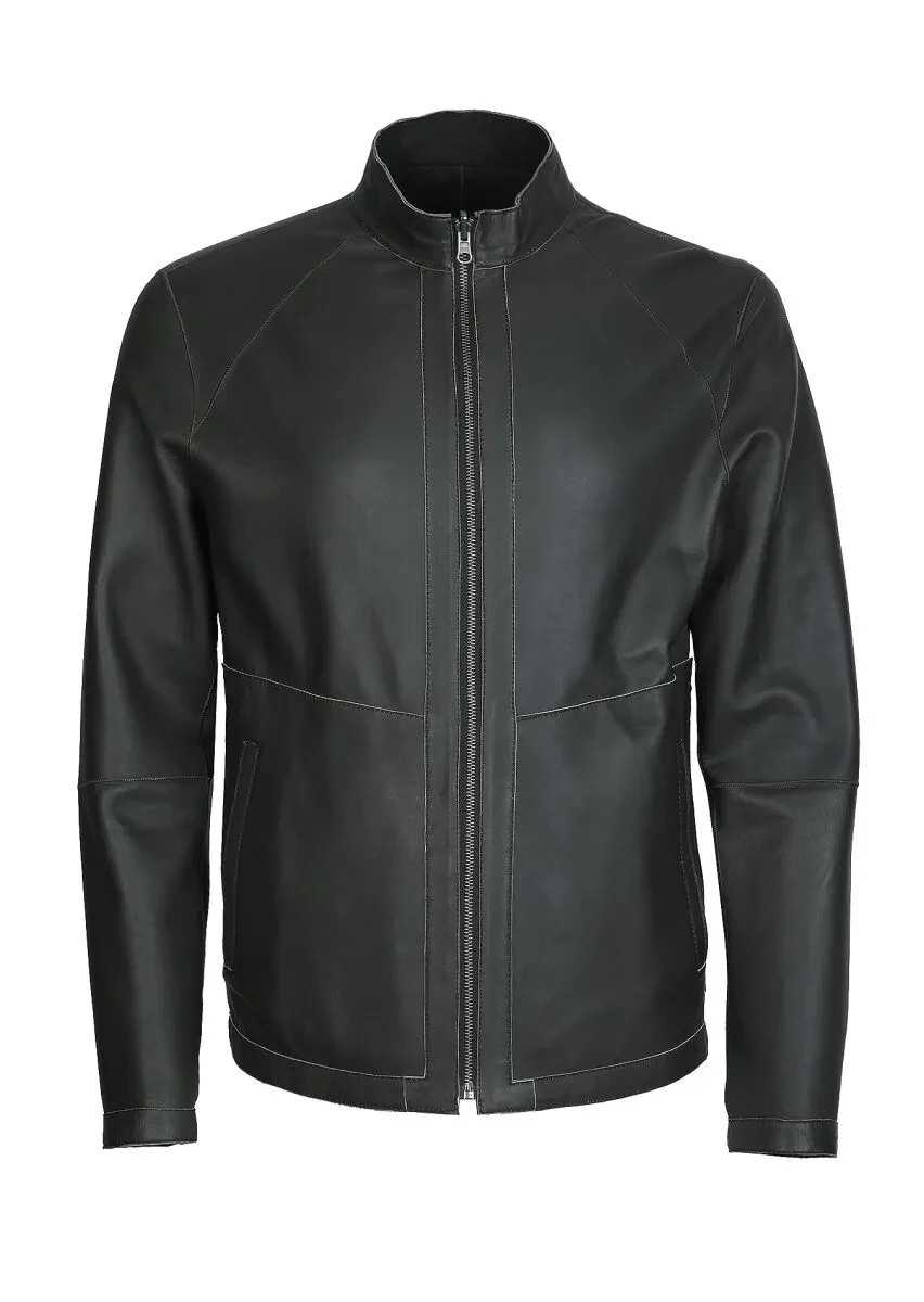 Khaki Regular Fit Turtleneck Casual Leather Leather Coat - 8