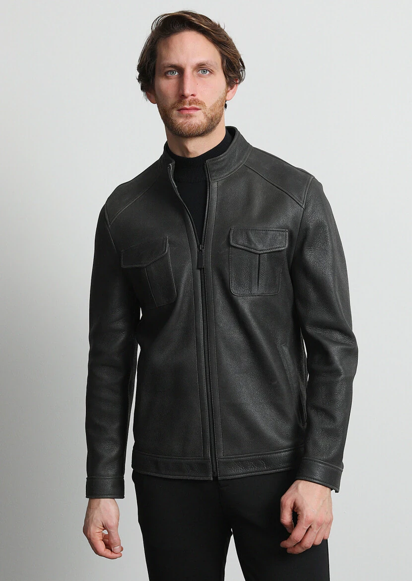 Khaki Regular Fit Turtleneck Casual Leather Leather Coat - 1