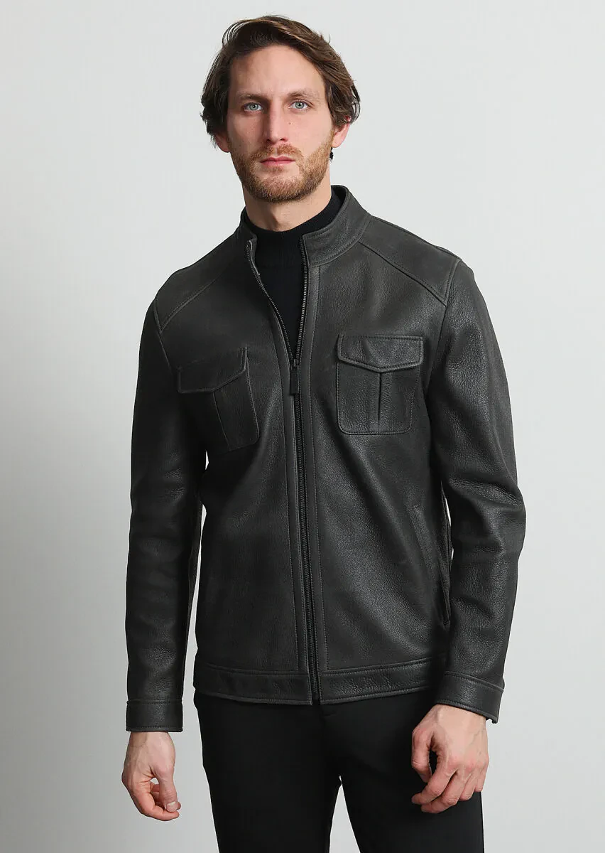 Khaki Regular Fit Turtleneck Casual Leather Leather Coat - 1