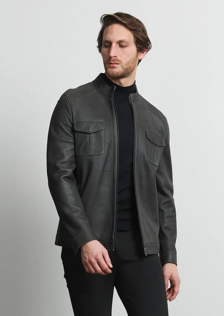 Khaki Regular Fit Turtleneck Casual Leather Leather Coat - 3