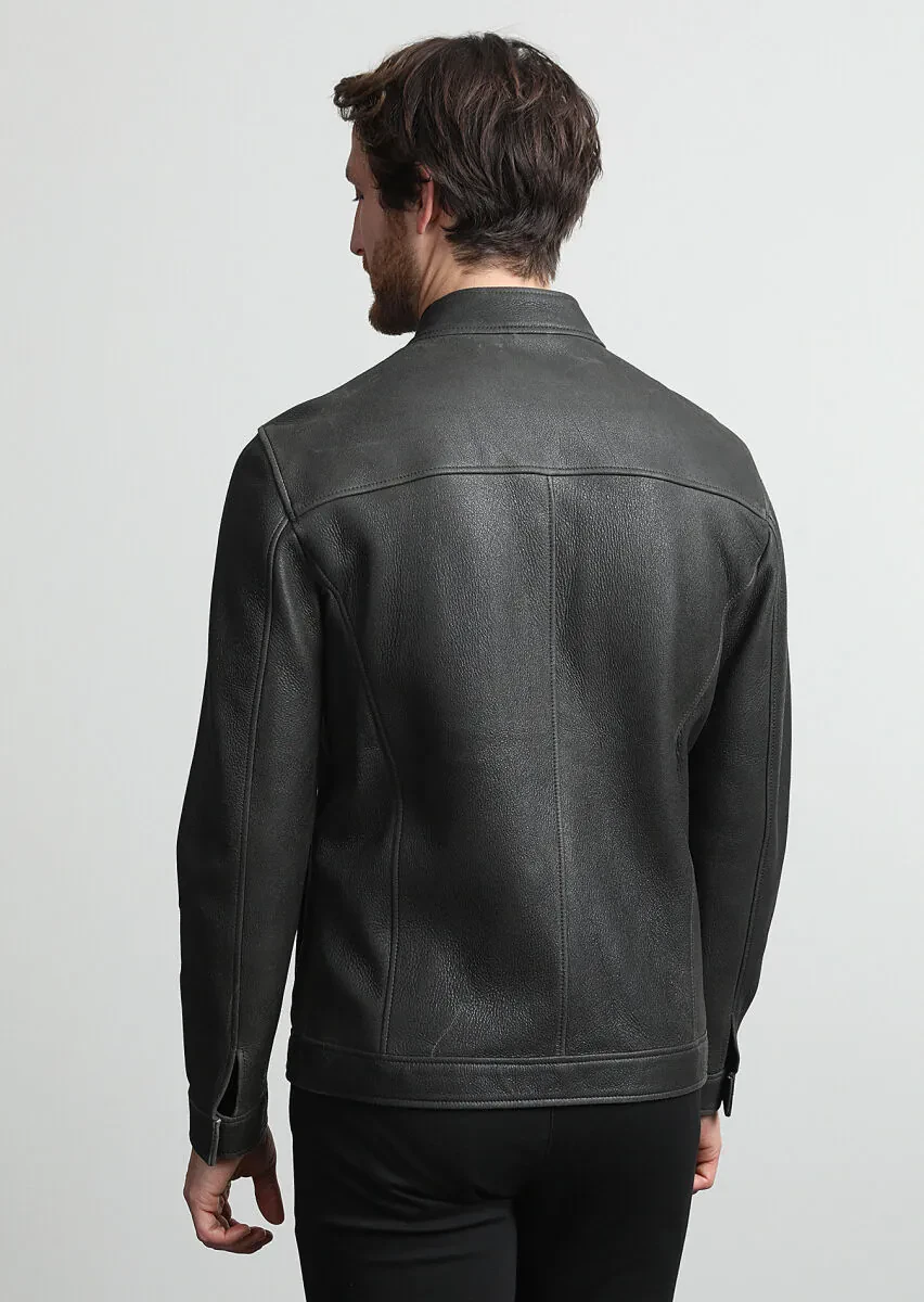 Khaki Regular Fit Turtleneck Casual Leather Leather Coat - 4