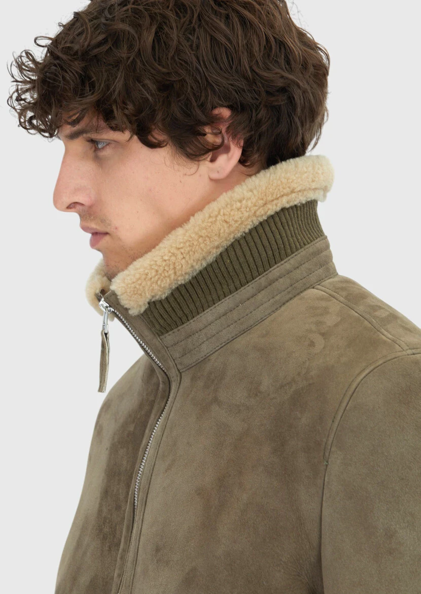 Khaki Regular Fit Turtleneck Casual Shearling Leather Coat - 4