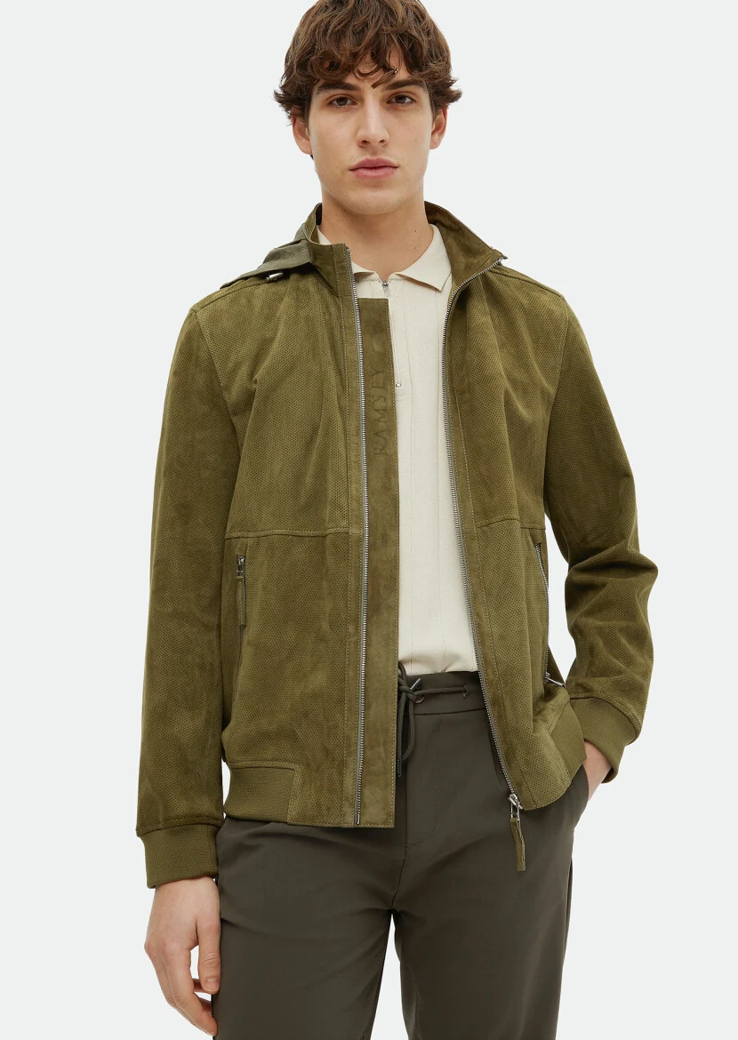 Khaki Regular Fit Turtleneck Casual Suede Leather Coat - RAMSEY