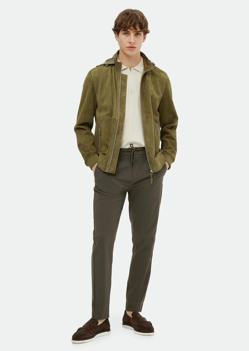 Khaki Regular Fit Turtleneck Casual Suede Leather Coat - RAMSEY